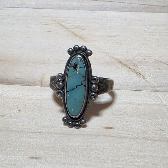 Vintage J. Bell Sterling Silver Navajo Turquoise Ring Size 7 Weighs 4 Grams - Picture 3 of 10